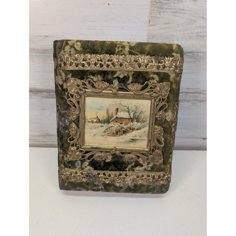 Antique Green Velvet Cabinet Card Photo Album 4x6 Embossed Metal Winter Scene